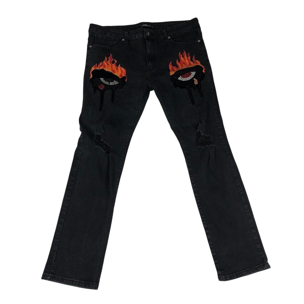 Roku Studio Mens Black Distressed Flame Eye Graphic Rhinestone Jeans 40x30 Goth